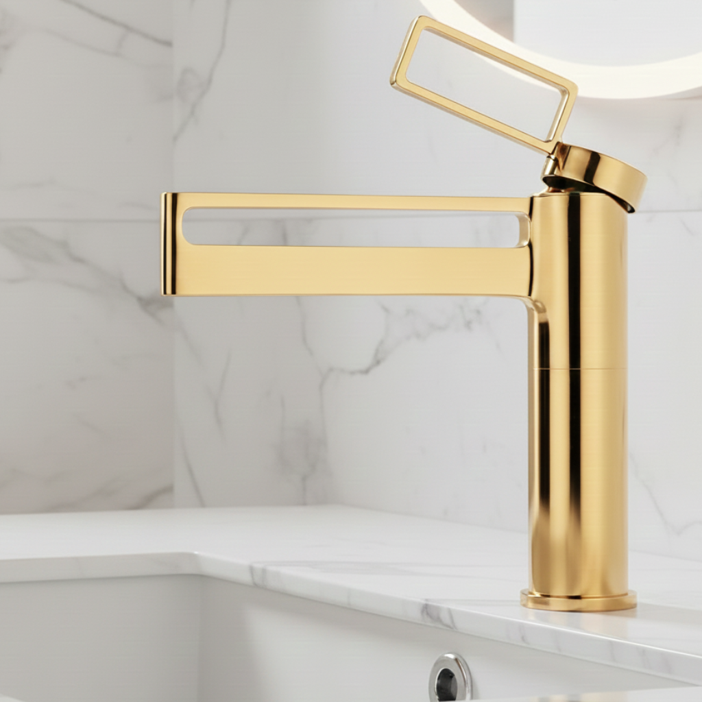 Robinet mitigeur salle de bain lavabo géométrique - Doré - Laiton