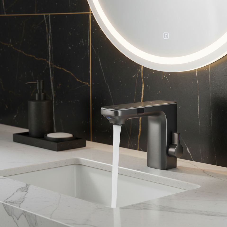 Robinet mitigeur lavabo tactile affichage thermostatique numérique - Argenté - Laiton