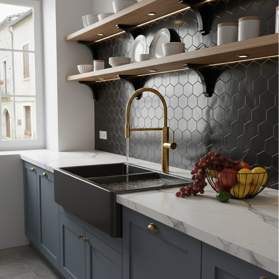 Robinet mitigeur évier cuisine design texturé flexible - Doré - Laiton