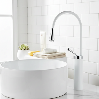 Robinet mitigeur salle de bain lavabo design arrondi goutte - Blanc - Laiton