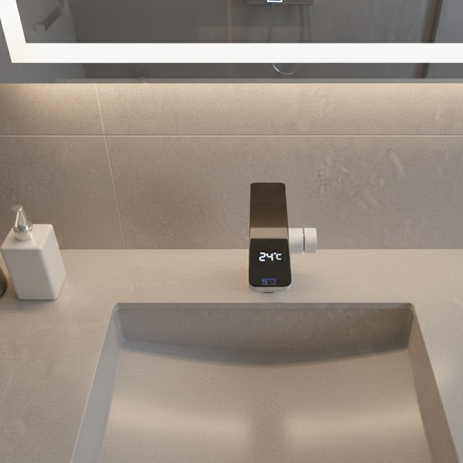 Robinet mitigeur lavabo tactile affichage thermostatique numérique - Blanc - Laiton