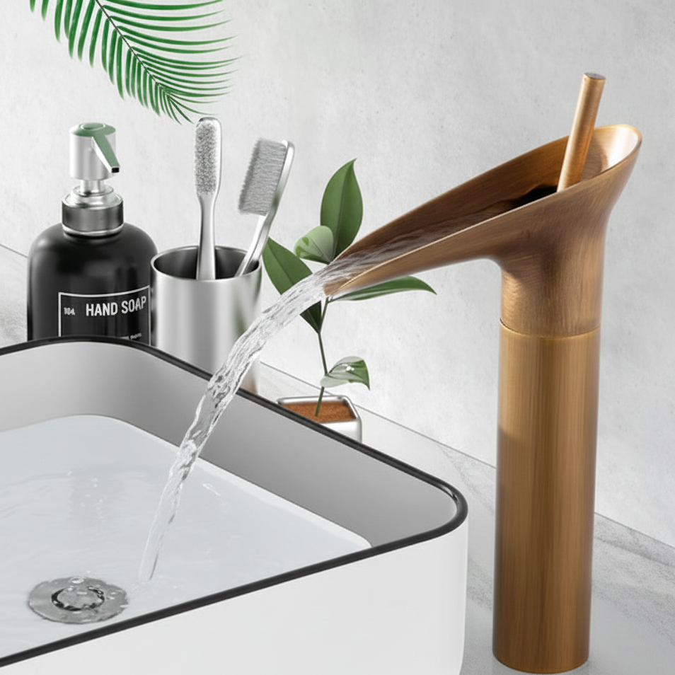 Robinet mitigeur salle de bain lavabo bambou cascade - Doré - Laiton