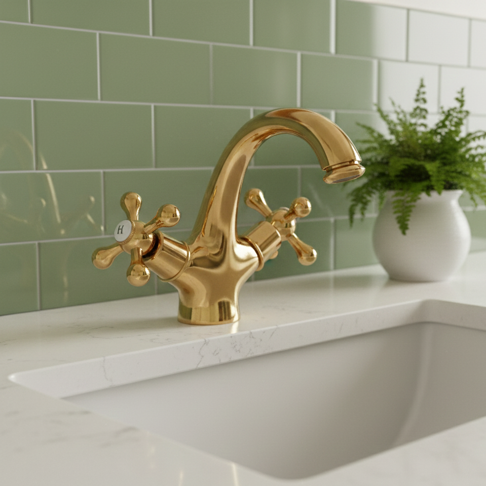 Robinet mitigeur lavabo salle de bain rétro double poignées - Doré - Laiton