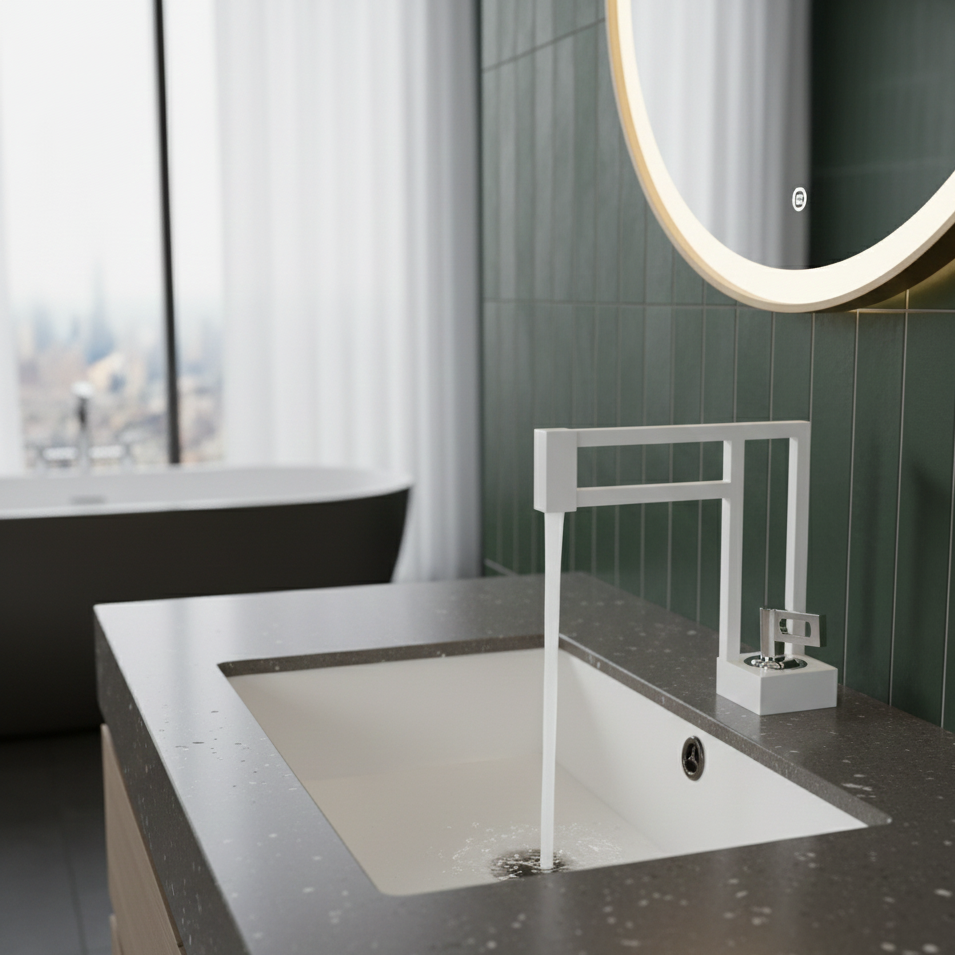 Robinet mitigeur moderne géométrique salle de bain lavabo - Blanc - Laiton