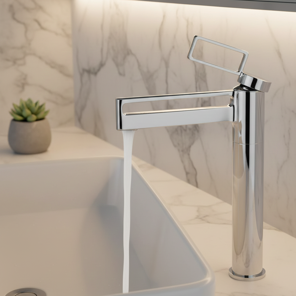 Robinet mitigeur salle de bain lavabo géométrique - Argenté - Laiton