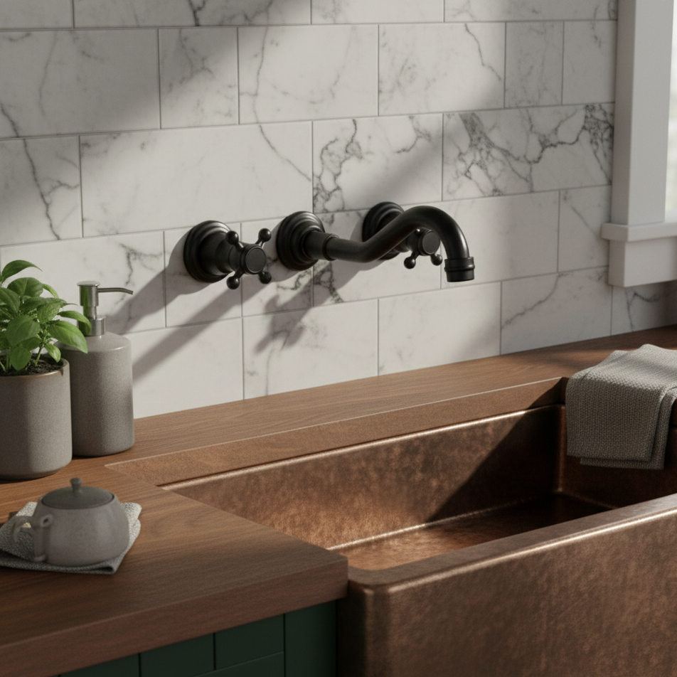 Robinet vintage mural encastrable cuisine évier - Noir - Laiton