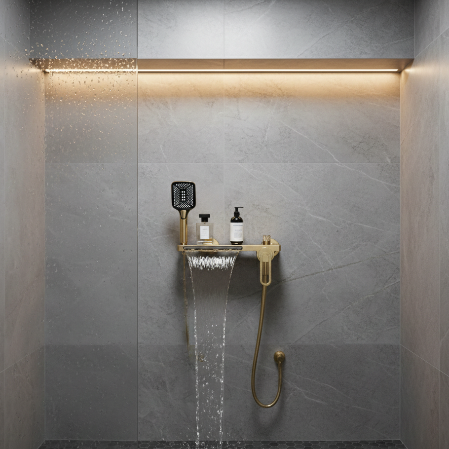 Robinet mitigeur baignoire salle de bain cascade douchette - Doré - Laiton