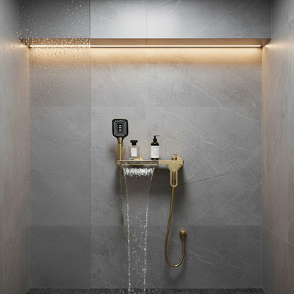 Robinet mitigeur baignoire salle de bain cascade douchette - Doré - Laiton