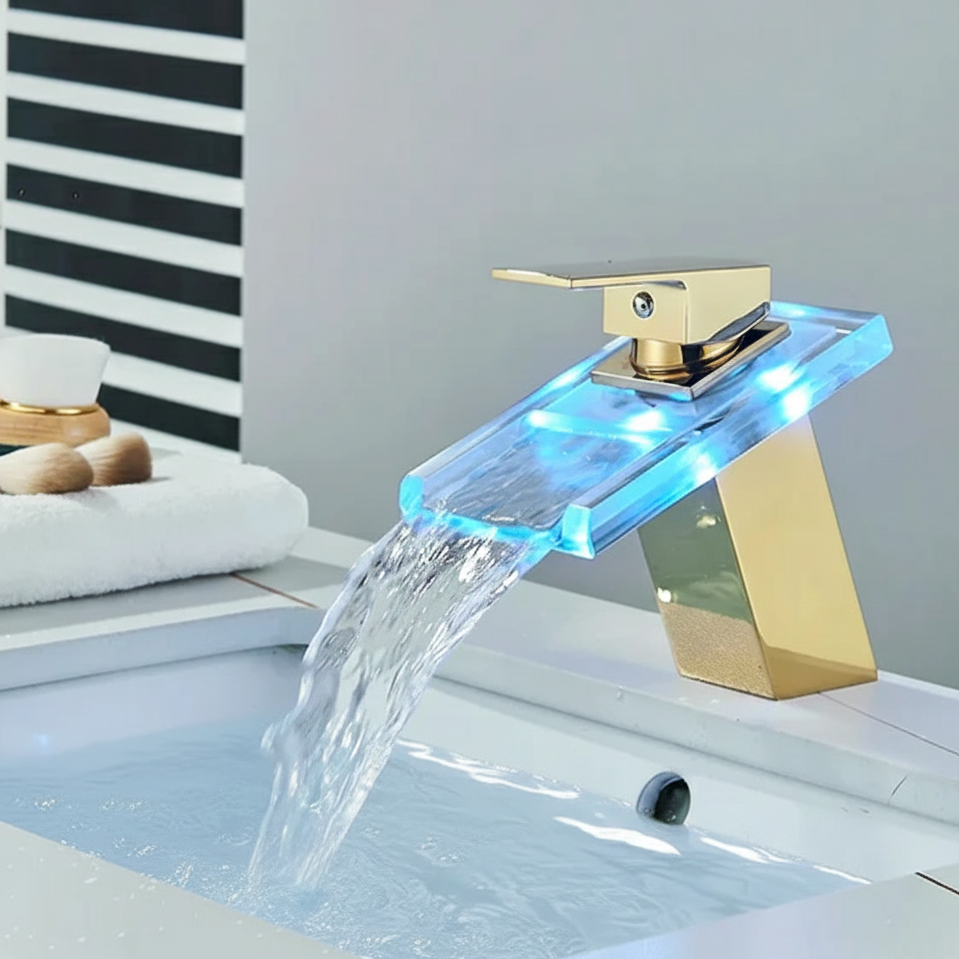 Robinet mitigeur salle de bain lavabo cascade lumineuse - Doré - Laiton