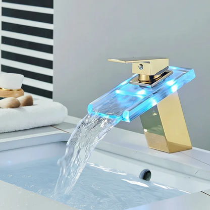 Robinet mitigeur salle de bain lavabo cascade lumineuse - Doré - Laiton