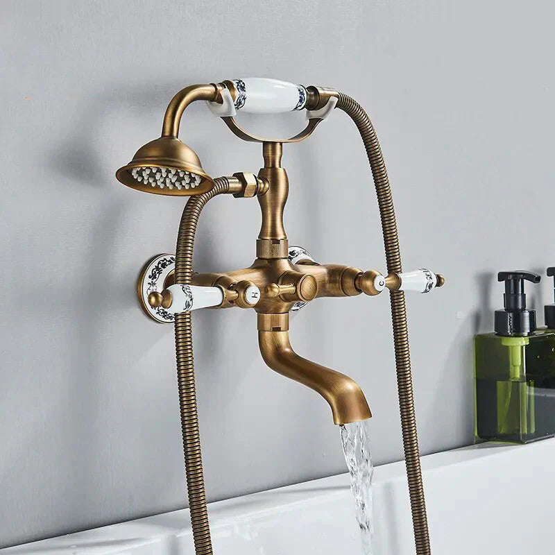 Robinet baignoire salle de bain rétro céramique douchette - Doré - Laiton