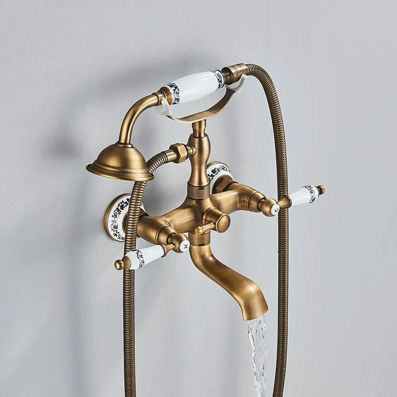 Robinet baignoire salle de bain rétro céramique douchette - Doré - Laiton