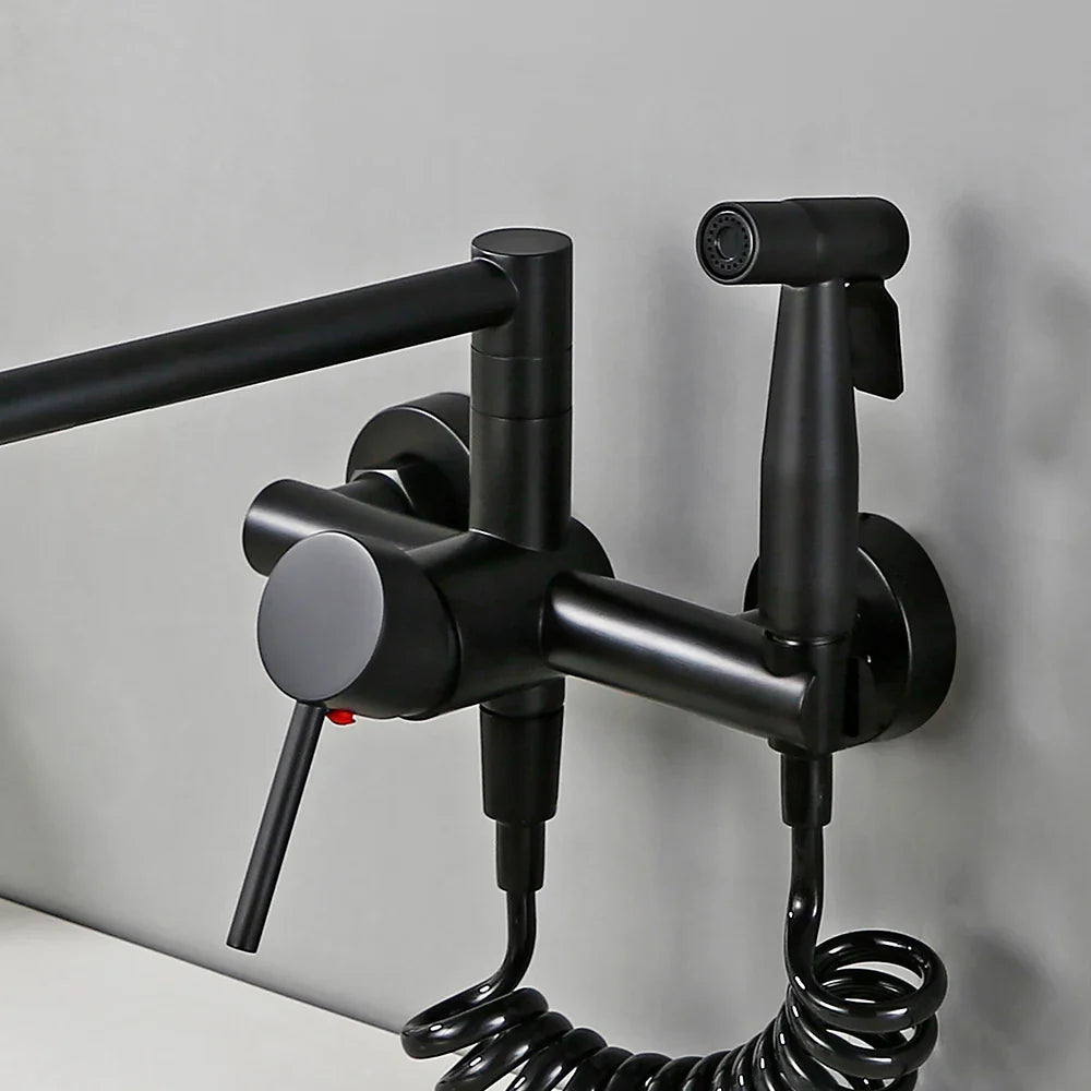Robinet mitigeur évier de cuisine rétractable mural avec douchette - Noir - Laiton