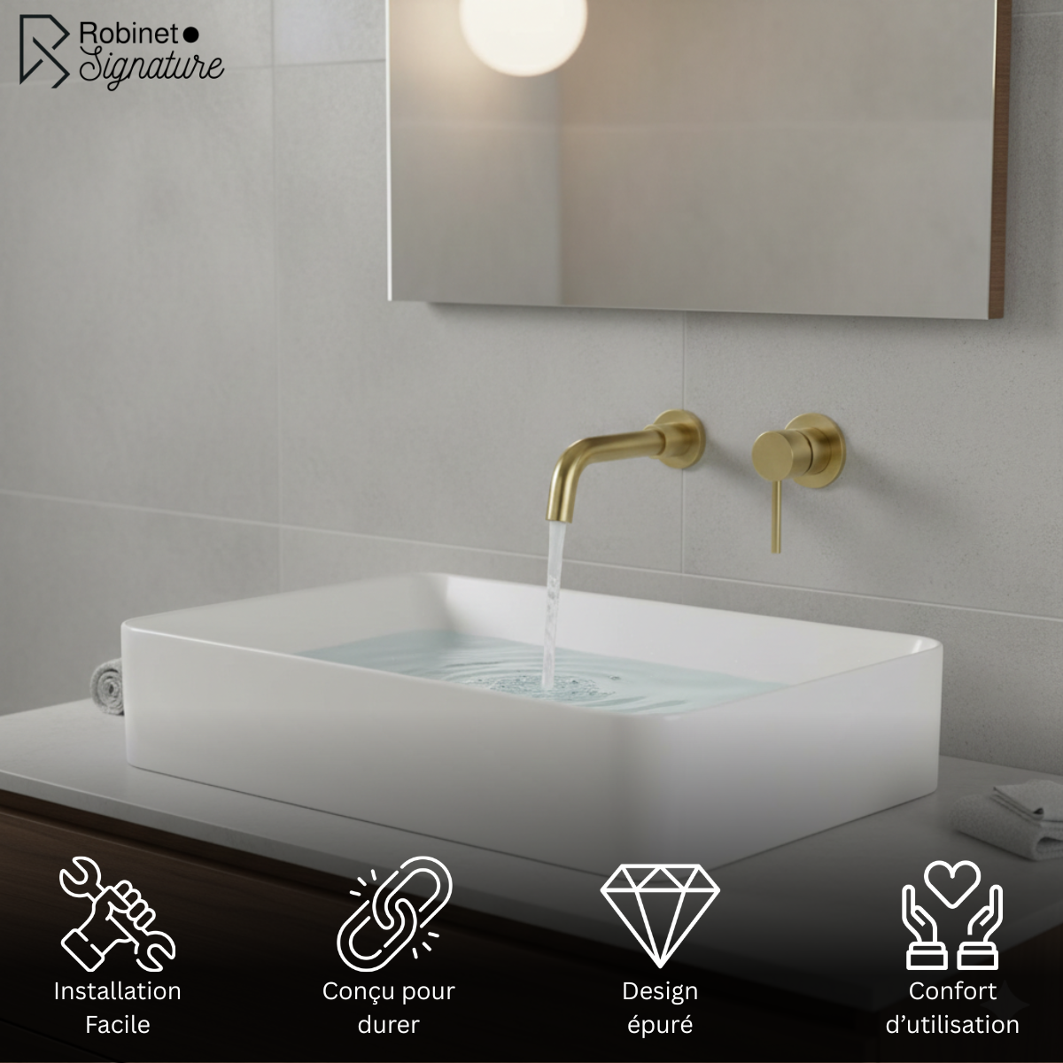 Robinet mitigeur salle de bain lavabo encastrable - Doré - Laiton