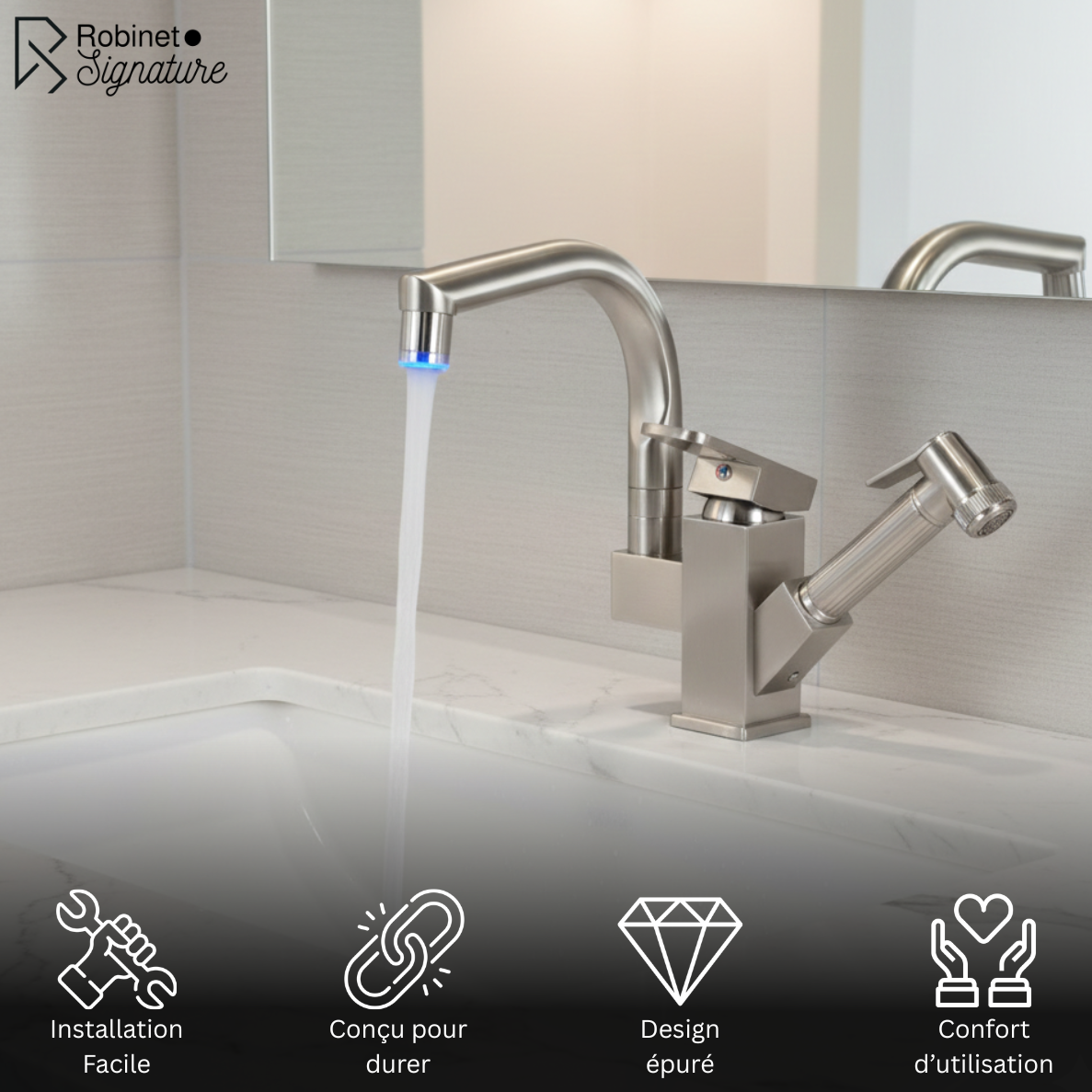 Robinet mitigeur évier cuisine design led flexible douchette pistolet - Argenté - Laiton