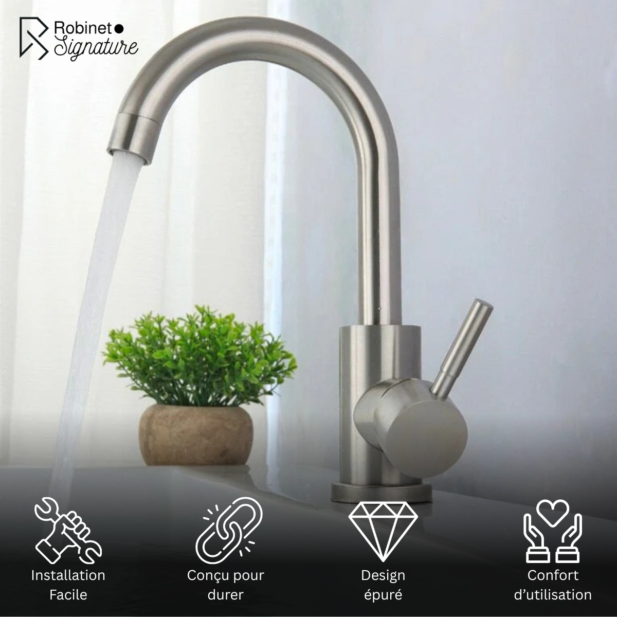 Mitigeur Robinet lavabo acier brossé col de cygne