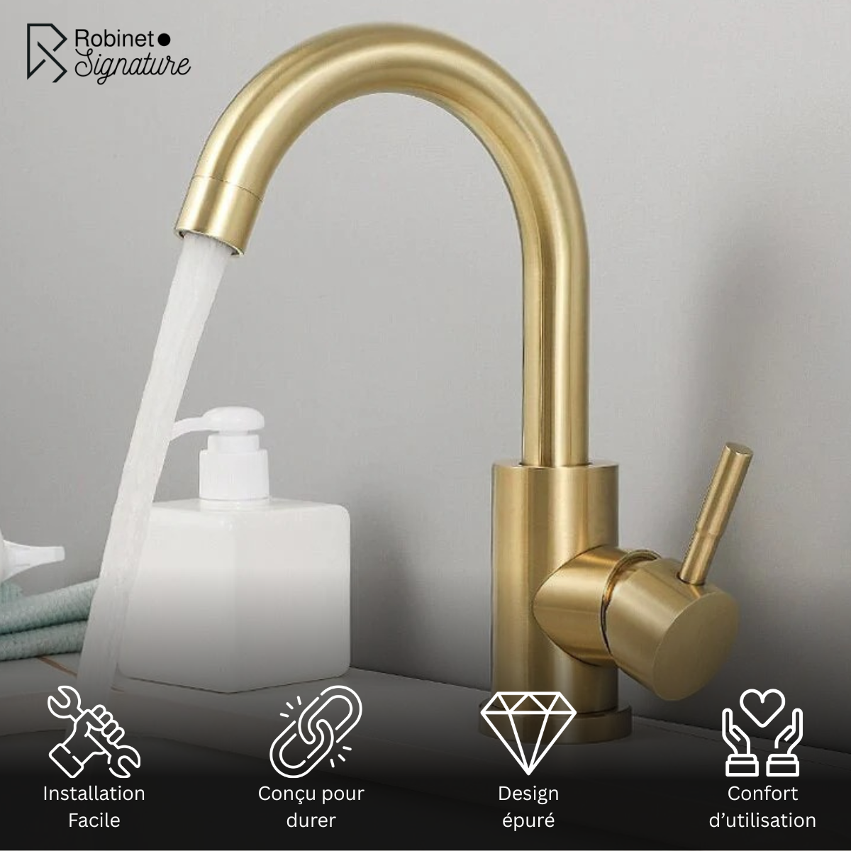 Mitigeur Robinet lavabo doré col de cygne