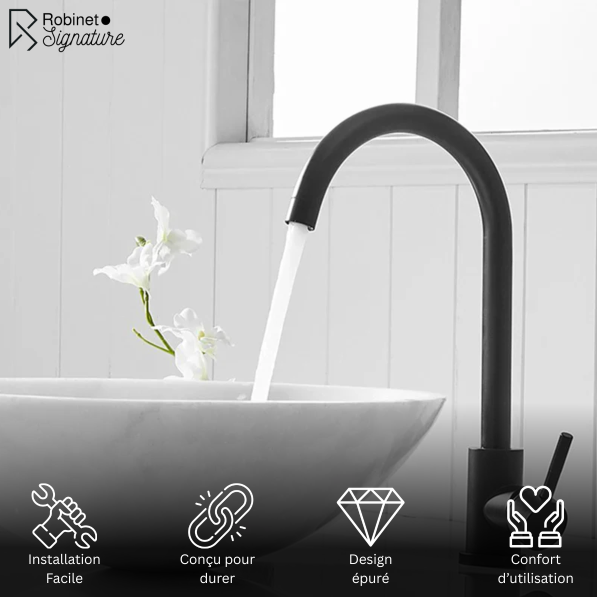 Mitigeur Robinet cuisine vasque haut noir mat col de cygne