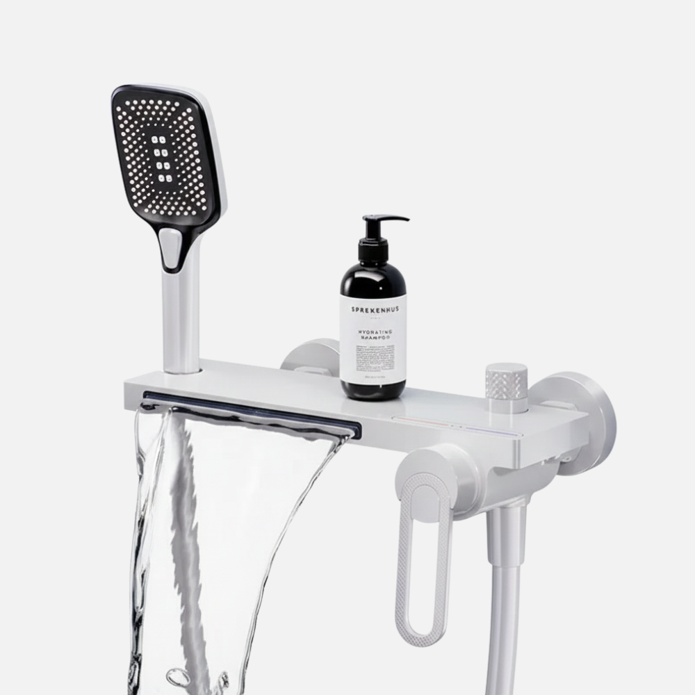 Robinet mitigeur baignoire salle de bain cascade douchette - Blanc - Laiton