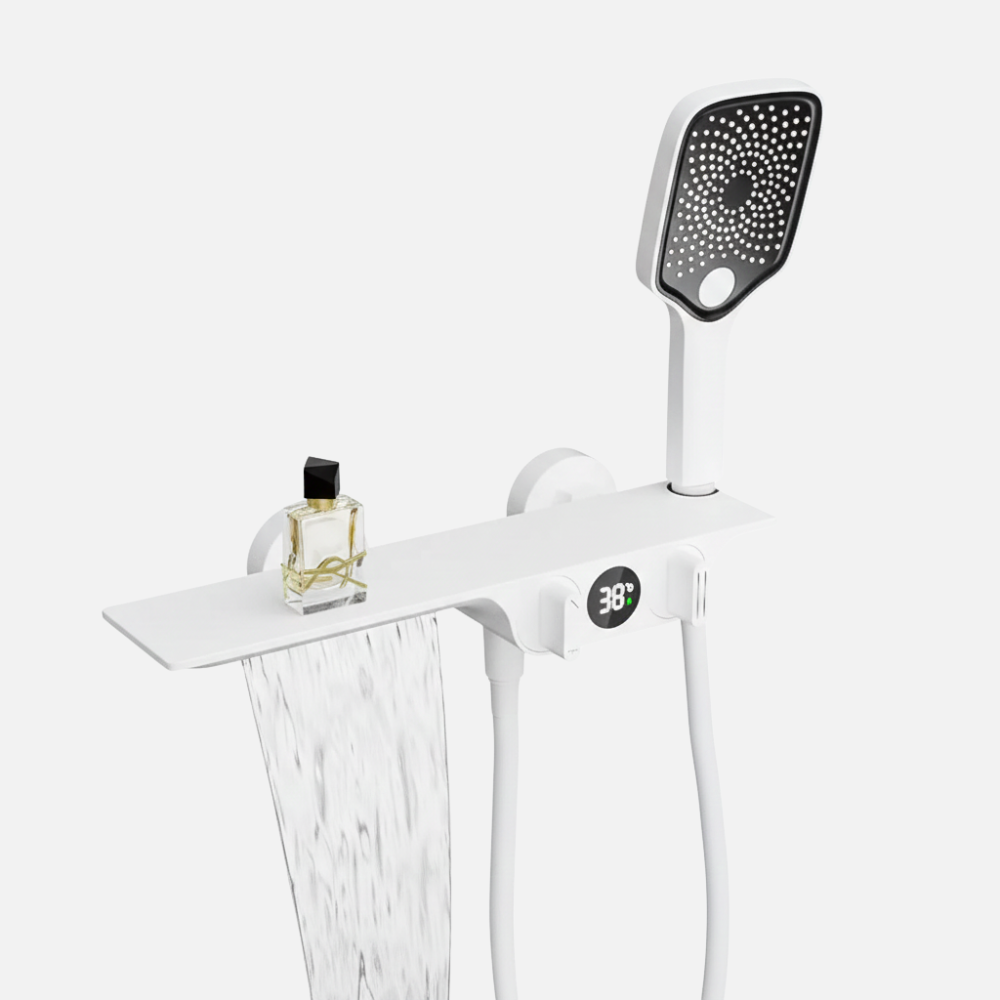 Robinet mitigeur baignoire salle de bain cascade douchette affichage numérique - Blanc - Laiton