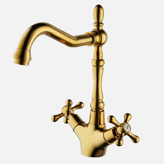 Robinet cuisine évier rétro double poignées - Doré - Laiton