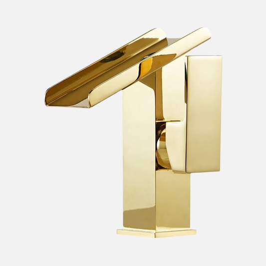 Robinet mitigeur lavabo salle de bain design rectangulaire cascade - Doré - Laiton