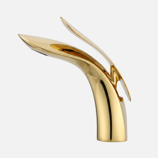 Robinet mitigeur lavabo salle de bain design arrondi - Doré - Laiton (fond gris)