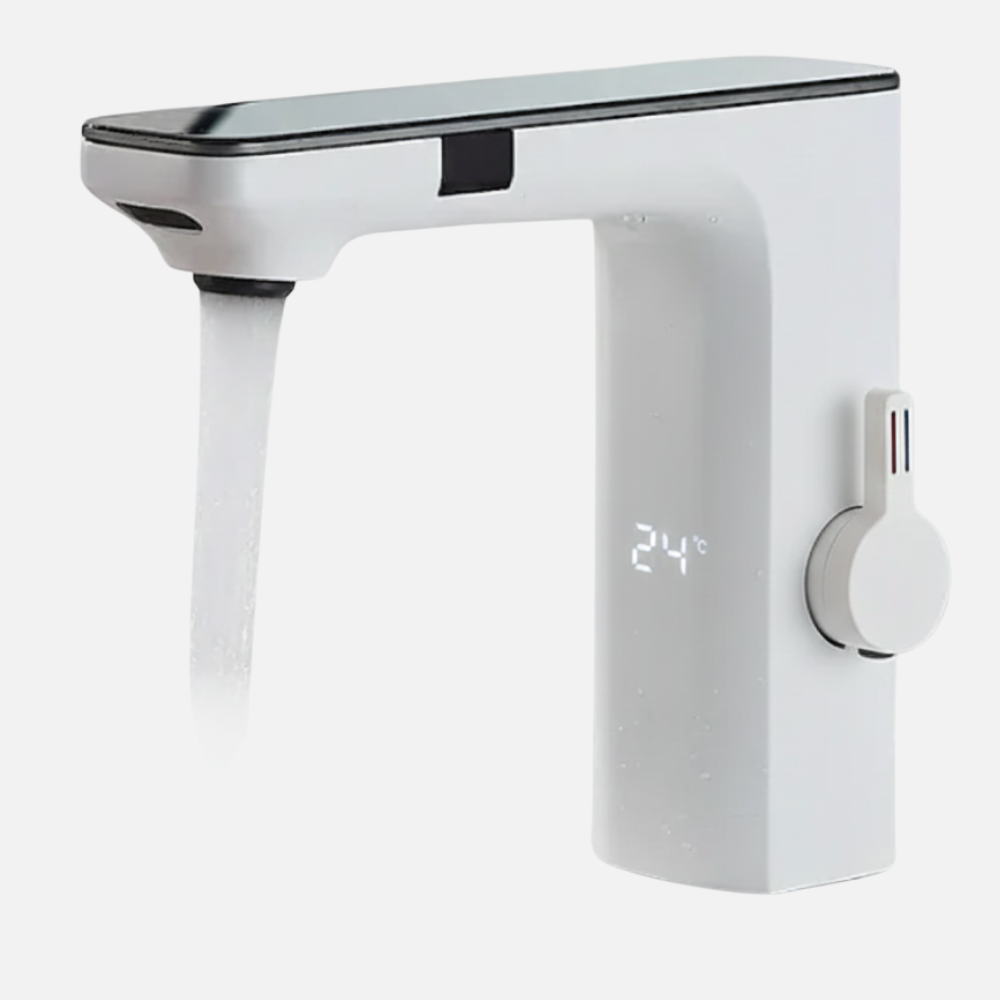 Robinet mitigeur lavabo tactile affichage thermostatique numérique - Blanc - Laiton