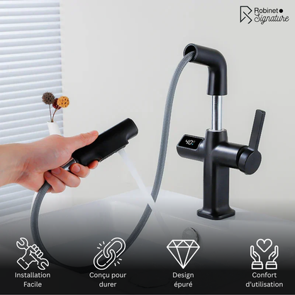 Robinet mitigeur cuisine affichage thermostatique flexible - Noir - Laiton