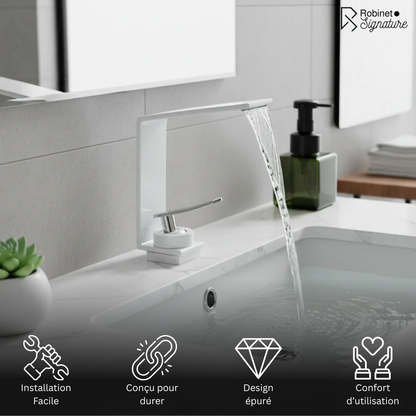 Robinet mitigeur design lavabo salle de bain cascade - Blanc - Laiton