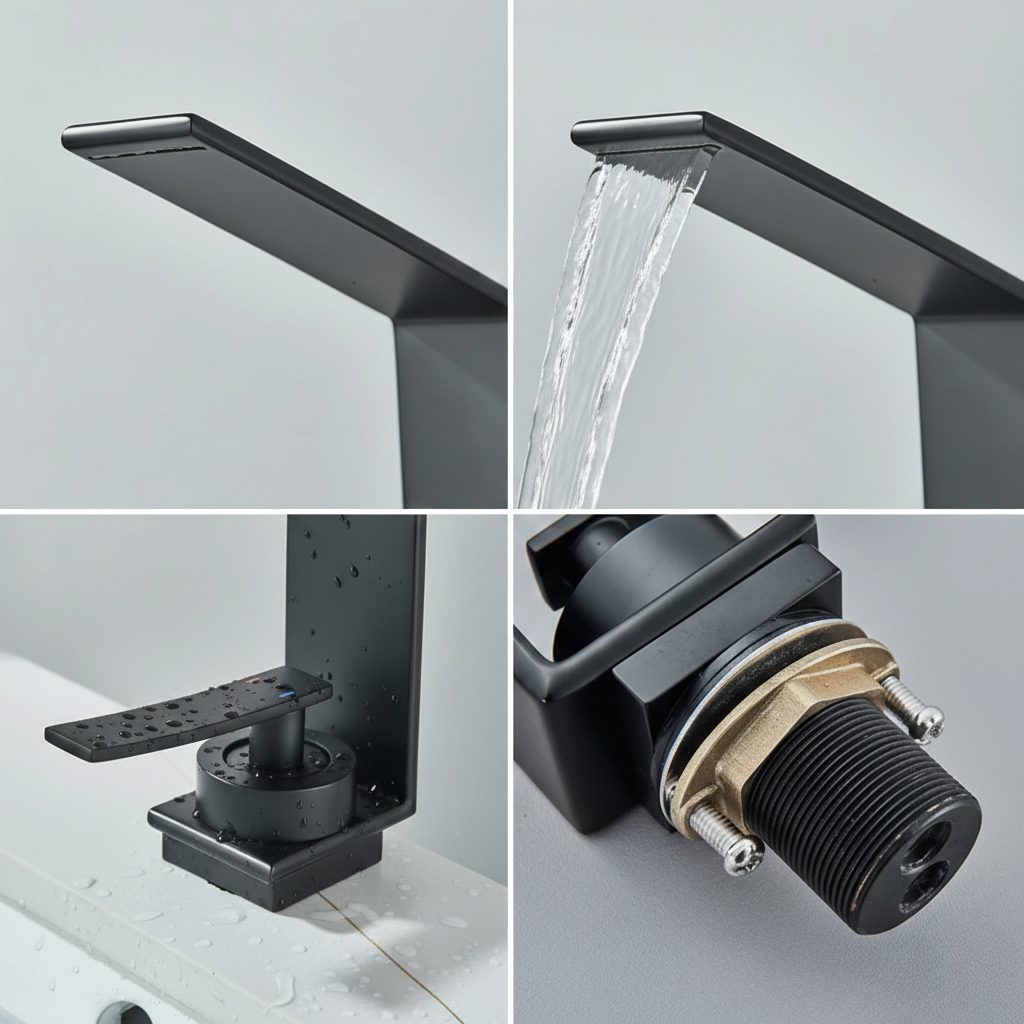Robinet mitigeur design lavabo salle de bain cascade - Noir - Laiton
