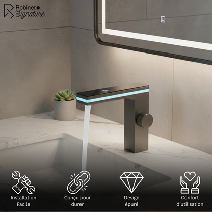Robinet mitigeur lavabo salle de bain affichage numérique - Argenté - Laiton