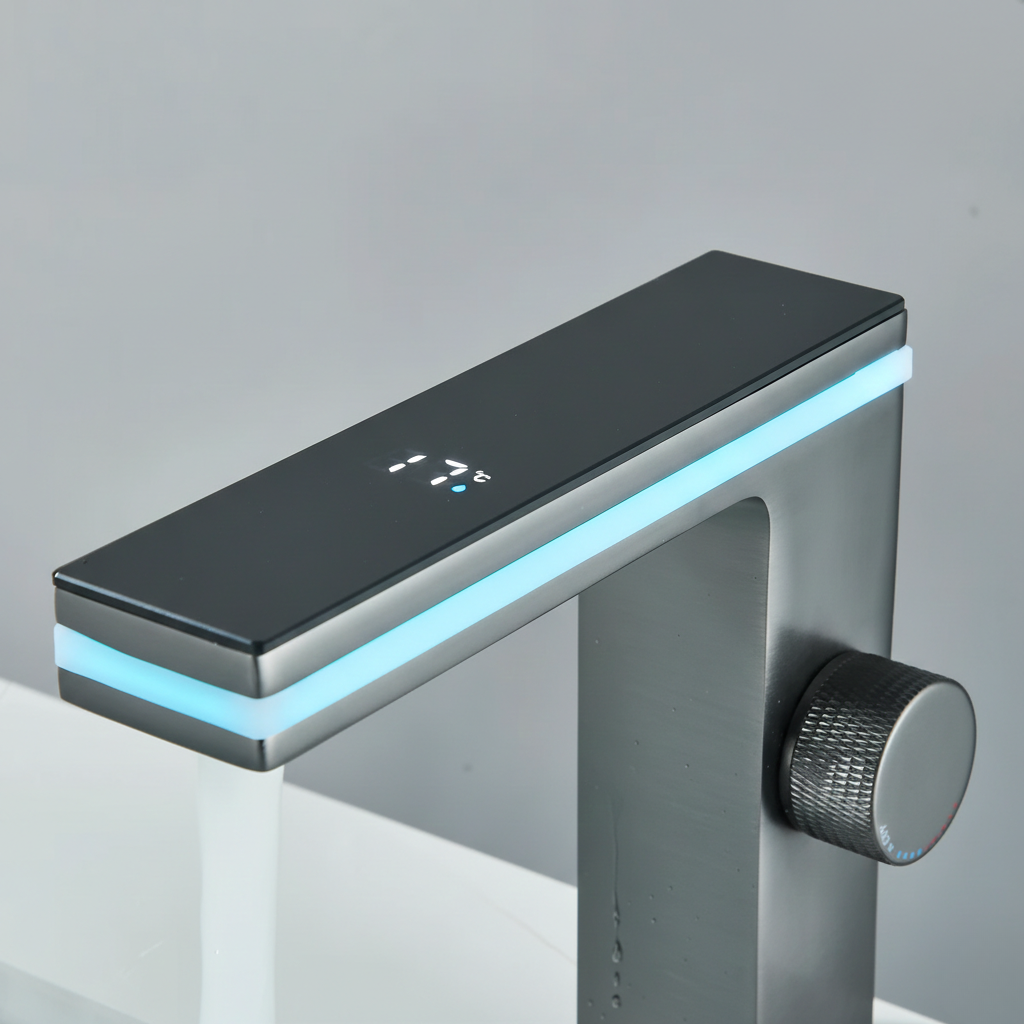 Robinet mitigeur lavabo salle de bain affichage numérique - Argenté - Laiton