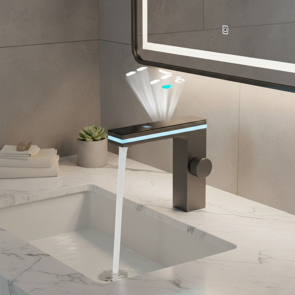 Robinet mitigeur lavabo salle de bain affichage numérique - Argenté - Laiton