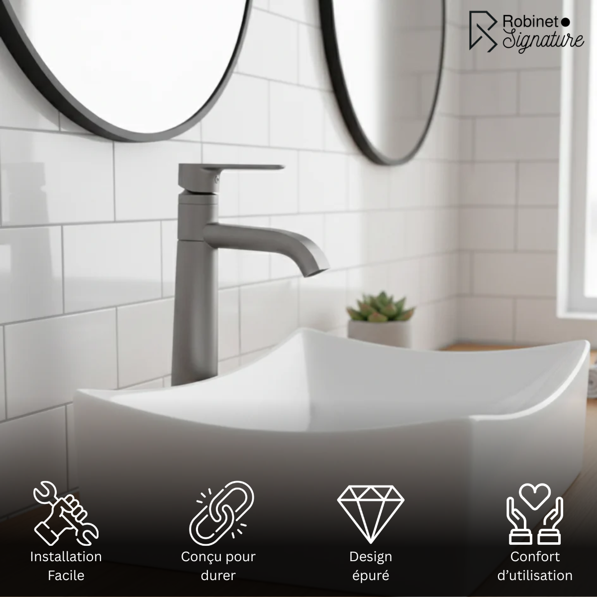 Robinet mitigeur lavabo salle de bain bec long - Argenté - Laiton