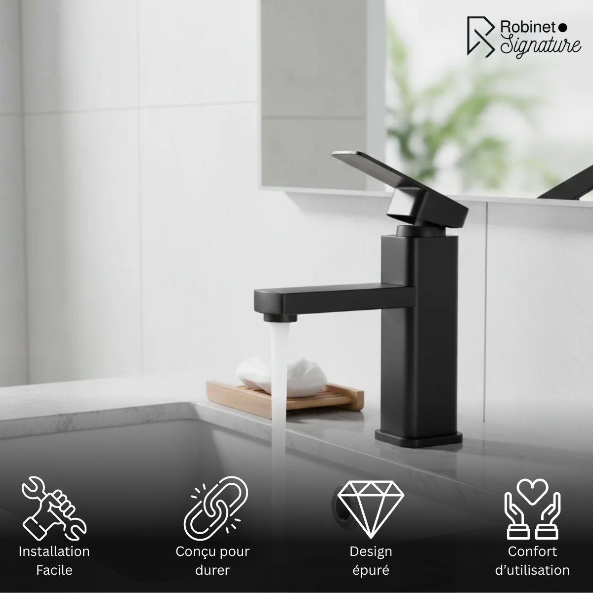 Robinet mitigeur lavabo salle de bain carré - Noir mat