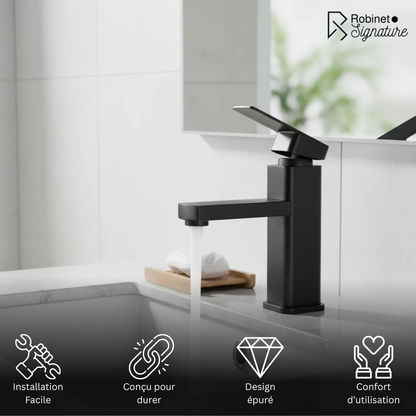 Robinet mitigeur lavabo salle de bain carré - Noir mat