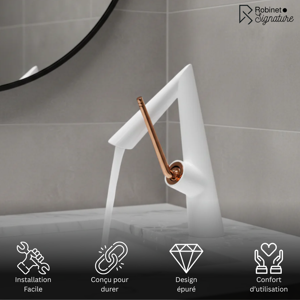 Robinet mitigeur lavabo salle de bain coudé - Blanc - Laiton