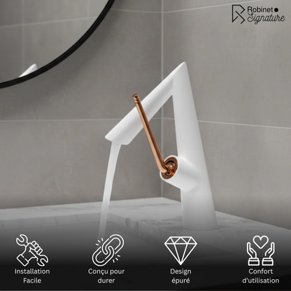Robinet mitigeur lavabo salle de bain coudé - Blanc - Laiton