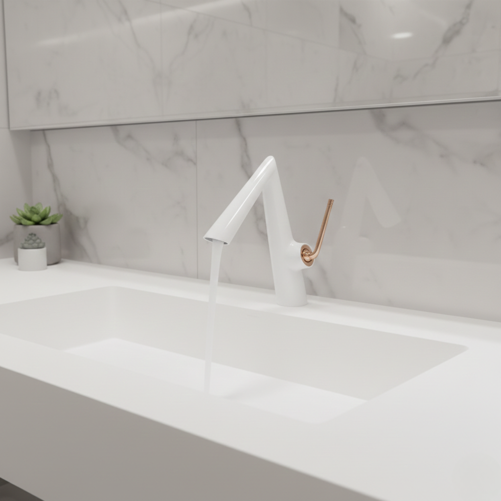 Robinet mitigeur lavabo salle de bain coudé - Blanc - Laiton