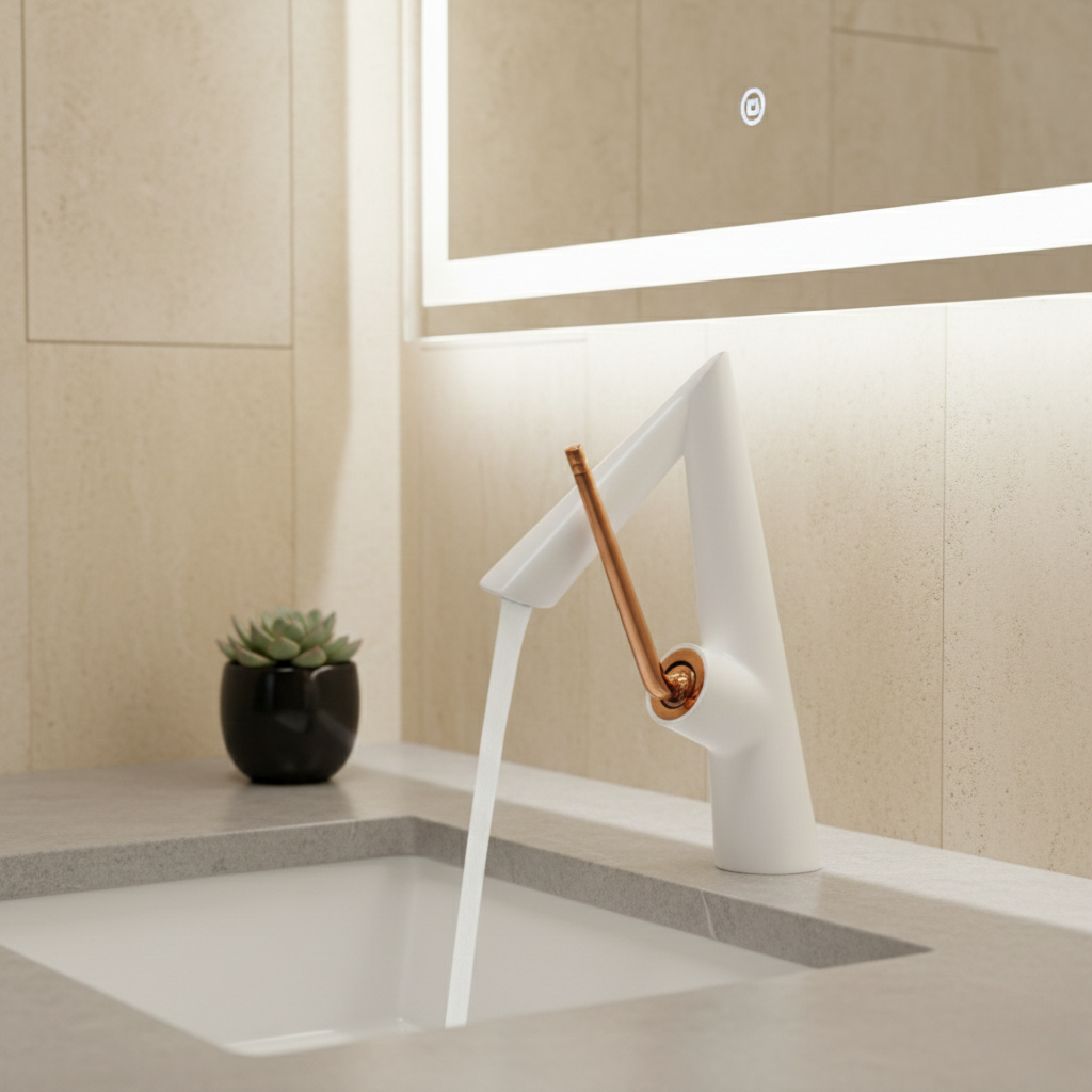 Robinet mitigeur lavabo salle de bain coudé - Blanc - Laiton