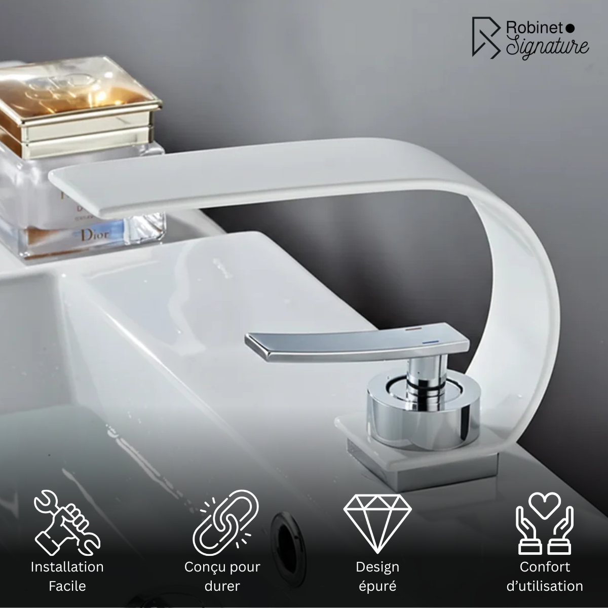 Robinet mitigeur lavabo salle de bain plat incurvé - Blanc