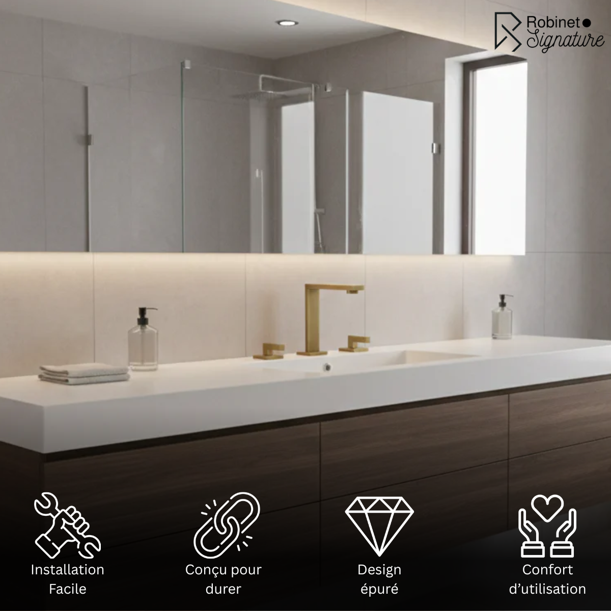 Robinet mitigeur lavabo salle de bain poignées déportées - Doré - Laiton