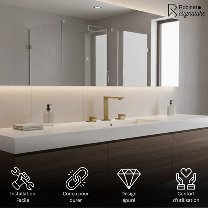 Robinet mitigeur lavabo salle de bain poignées déportées - Doré - Laiton