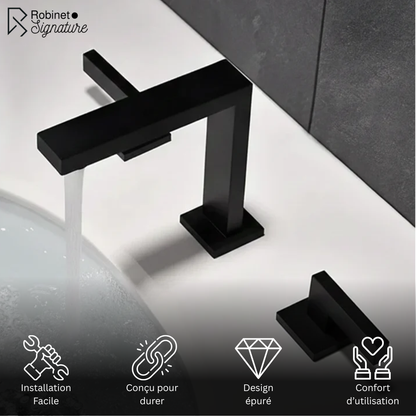 Robinet mitigeur lavabo salle de bain poignées déportées - Noir - Laiton