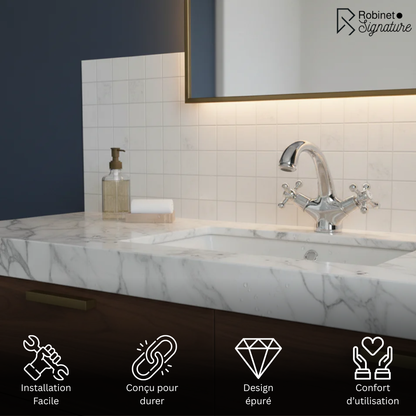 Robinet mitigeur lavabo salle de bain rétro double poignées - Argenté - Laiton