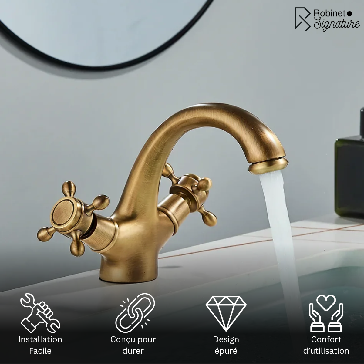 Robinet mitigeur lavabo salle de bain rétro double poignées - Bronze - Laiton