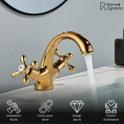Robinet mitigeur lavabo salle de bain rétro double poignées - Doré - Laiton
