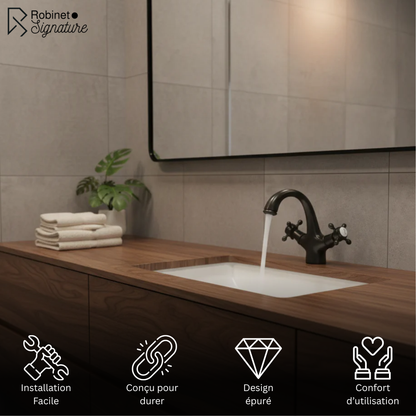 Robinet mitigeur lavabo salle de bain rétro double poignées - Noir - Laiton