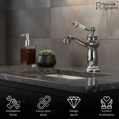 Robinet mitigeur lavabo salle de bain rétro poignée céramique - Argenté - Laiton